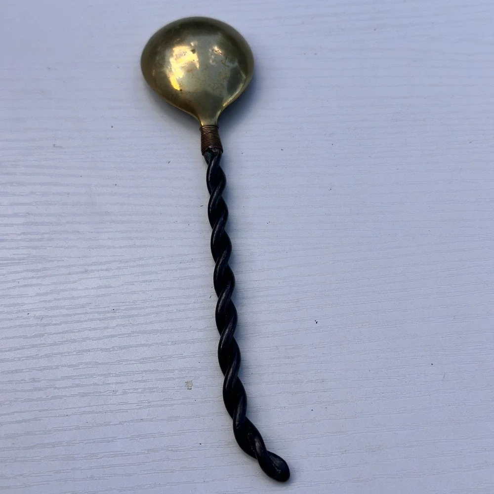 Vintage Brass and Wrought Iron Serving Spoon Hand Forged Twisted Handle 9 Inch